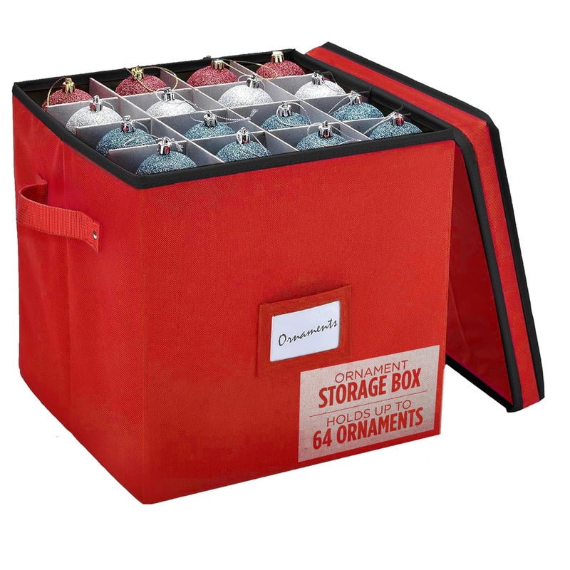 Handy Laundry, Christmas Ornament Storage - Stores up to 64 Holiday Ornaments, Adjustable Dividers, Covered Top, Two Handles. Storage Box Keeps Holiday Decorations Clean & Dry for Next Season. (Red) - Image 1